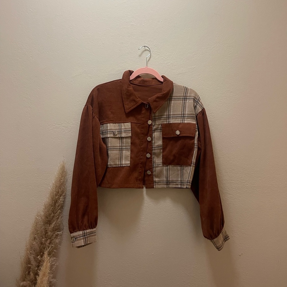 Shein Flannel Pattern Cropped Ribbed Jacket